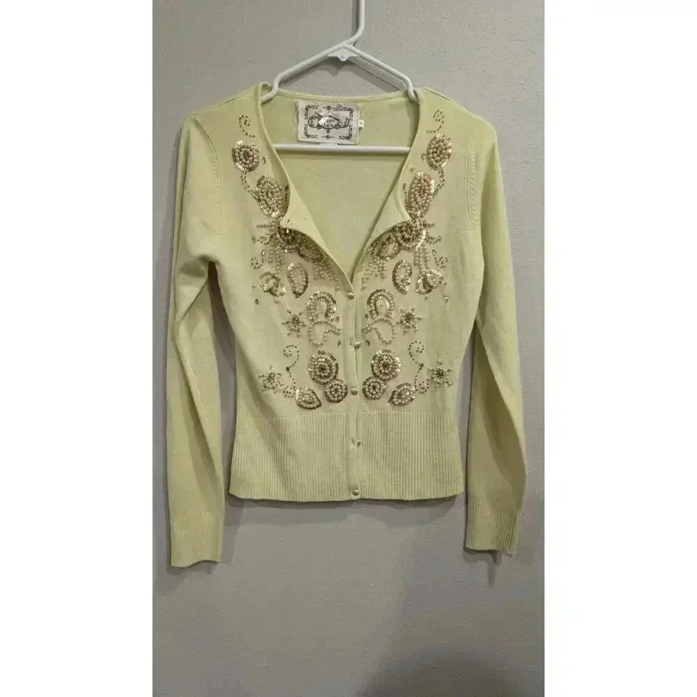 Pretty butter yellow pearl embellished cardigan by Sugar Lips size S